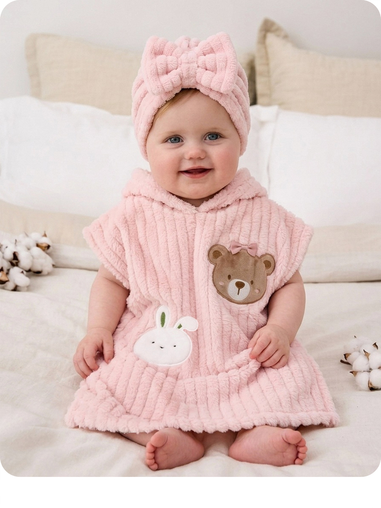 SHEIN Babygirl Casual Cute Pink Fluffy Cartoon Pattern Loungewear Autumn Winter Pajamas - Pink - View 1