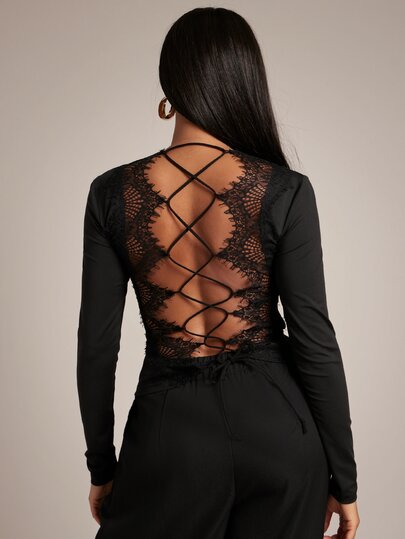 SHEIN BAE Spring/Summer Pure Black Round Neck Long Sleeve Lace Back Criss-Cross Tie Slim Fit Sexy Hot Girl Top, Date Party Top