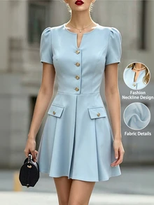 SHEIN Gaun Wanita Biru Muda Berkerah V, Kancing Logam di Bagian Depan, Gaya Prancis Elegan, Cocok untuk Halloween, Perjalanan, dan Acara Lainnya. Gaya Musim Gugur. - Biru - View 10