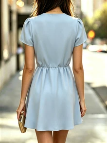 SHEIN Gaun Wanita Biru Muda Berkerah V, Kancing Logam di Bagian Depan, Gaya Prancis Elegan, Cocok untuk Halloween, Perjalanan, dan Acara Lainnya. Gaya Musim Gugur. - Biru - View 3