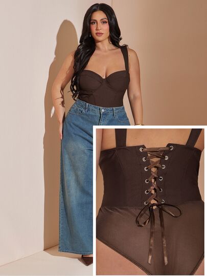 SHEIN BAE CURVE Plus Size Women's Colorblock Casual Daily Bodysuit,Chic Plus Size Brown Bustier Bodysuit With Sheer Panels And Bodycon Fit,Casual Bodysuit ,Halloween.