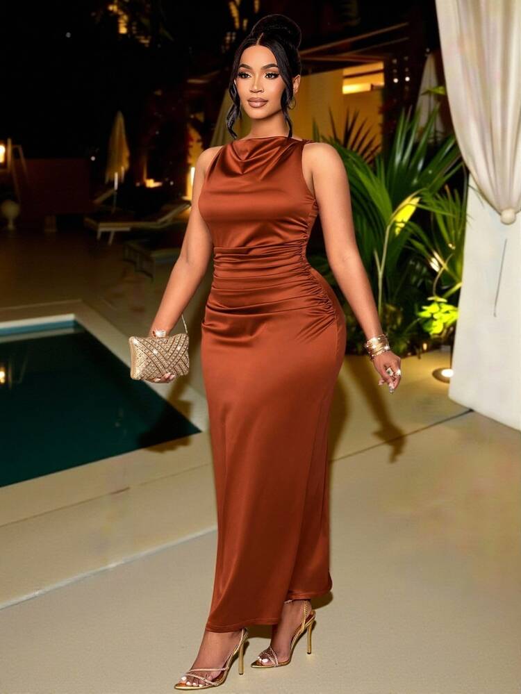 SOLERSUN Plus Size Elegant Formal Brown Satin Dress Sleeveless Slim Fit Pleated Collar Luxury Evening Gown For Wedding Guest Dinner Prom Halloween Party - Brown - View 1