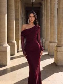 Aloruh 2026 New Elegant Angola Red Mesh One Shoulder Ruched Decor Fitted Mermaid Maxi Dress, Suitable For Weddings And All Formal Occasions. Fall Wedding - Burgundy - View 5