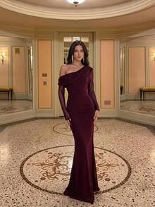 Aloruh 2026 New Elegant Angola Red Mesh One Shoulder Ruched Decor Fitted Mermaid Maxi Dress, Suitable For Weddings And All Formal Occasions. Fall Wedding - Burgundy - View 3