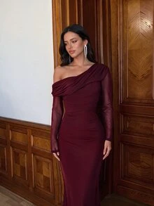 Aloruh 2026 New Elegant Angola Red Mesh One Shoulder Ruched Decor Fitted Mermaid Maxi Dress, Suitable For Weddings And All Formal Occasions. Fall Wedding - Burgundy - View 11