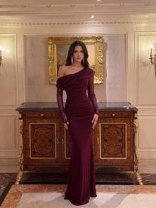 Aloruh 2026 New Elegant Angola Red Mesh One Shoulder Ruched Decor Fitted Mermaid Maxi Dress, Suitable For Weddings And All Formal Occasions. Fall Wedding - Burgundy - View 6