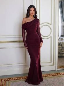 Aloruh 2026 New Elegant Angola Red Mesh One Shoulder Ruched Decor Fitted Mermaid Maxi Dress, Suitable For Weddings And All Formal Occasions. Fall Wedding - Burgundy - View 4
