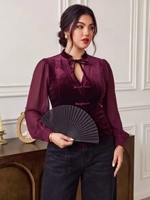 EastFlair Blus Kancing Katak Elegan untuk Wanita Ukuran Plus, Cocok untuk Perjalanan Musim Gugur - Burgundy - View 5