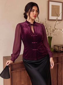 EastFlair Blus Kancing Katak Elegan untuk Wanita Ukuran Plus, Cocok untuk Perjalanan Musim Gugur - Burgundy - View 6