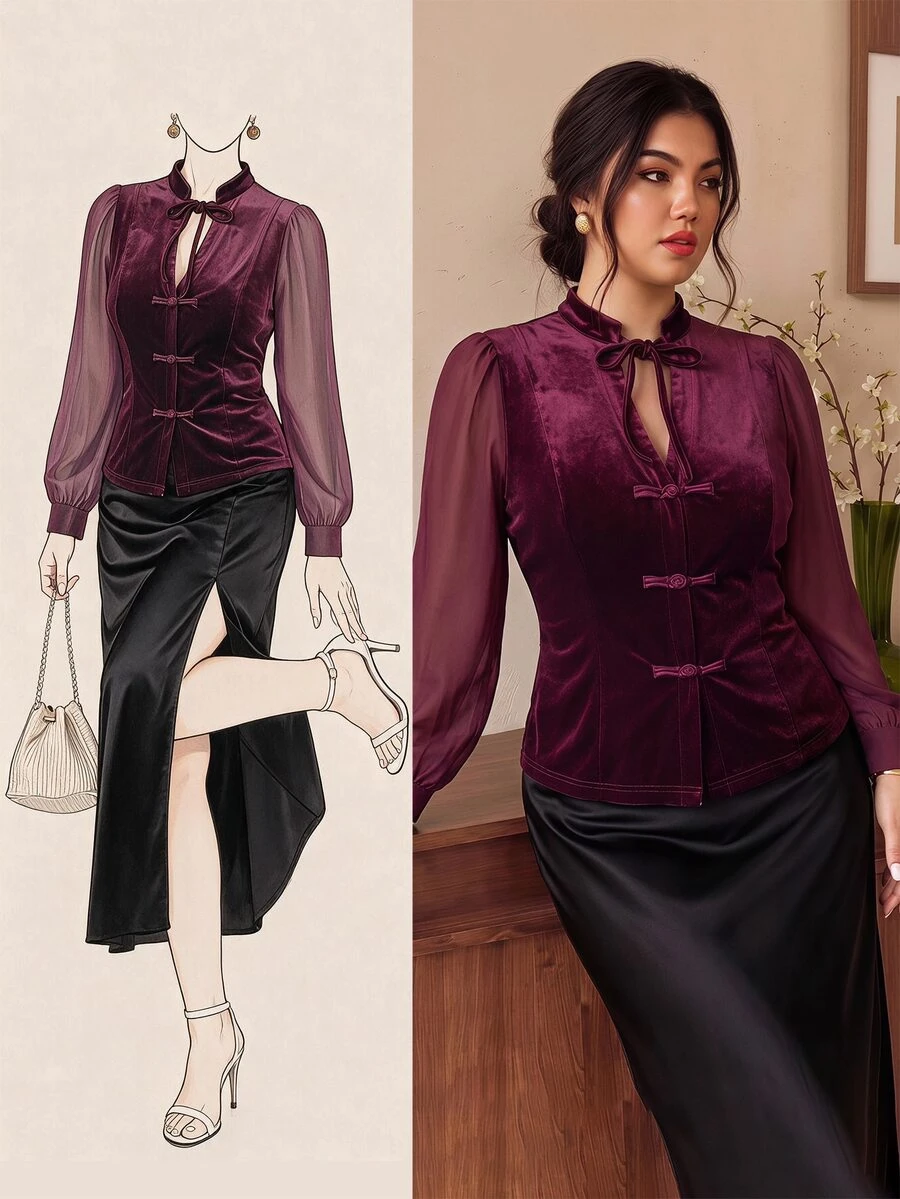 EastFlair Blus Kancing Katak Elegan untuk Wanita Ukuran Plus, Cocok untuk Perjalanan Musim Gugur - Burgundy - View 1