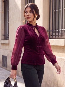 EastFlair Blus Kancing Katak Elegan untuk Wanita Ukuran Plus, Cocok untuk Perjalanan Musim Gugur - Burgundy - View 4