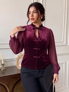 EastFlair Blus Kancing Katak Elegan untuk Wanita Ukuran Plus, Cocok untuk Perjalanan Musim Gugur - Burgundy - View 2