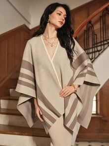 Anewsta Selendang Rajut Premium Musim Gugur/Dingin Wanita, Atasan Jubah Bergaris Serbaguna - Khaki - View 2