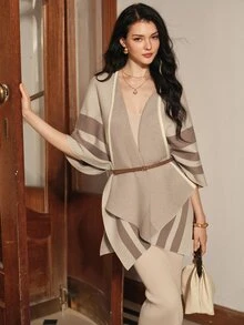 Anewsta Selendang Rajut Premium Musim Gugur/Dingin Wanita, Atasan Jubah Bergaris Serbaguna - Khaki - View 4
