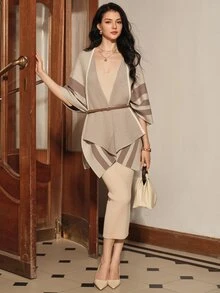 Anewsta Selendang Rajut Premium Musim Gugur/Dingin Wanita, Atasan Jubah Bergaris Serbaguna - Khaki - View 3