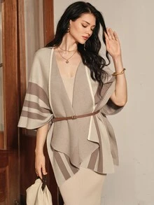 Anewsta Selendang Rajut Premium Musim Gugur/Dingin Wanita, Atasan Jubah Bergaris Serbaguna - Khaki - View 5