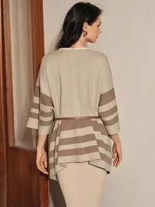 Anewsta Selendang Rajut Premium Musim Gugur/Dingin Wanita, Atasan Jubah Bergaris Serbaguna - Khaki - View 7