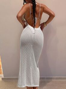 Swim SXY Beach Dresses For Women Crocheted Flower Block Knit Front Tie Dress With Left Side Slit Summer - White - View 4