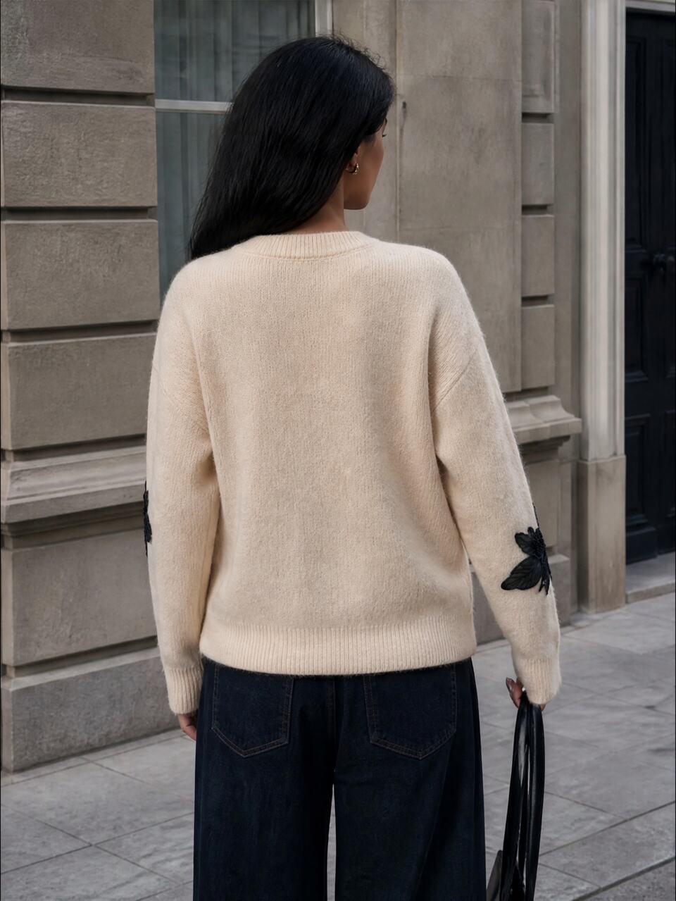 Women's Autumn/Winter Luxury Contrast Color Lace Knit Sweater, 3D Feather & Floral Leaf Embroidery, Round Neck, Loose Fit, Slimming, Soft Plush, Elegant Commuter Sweater