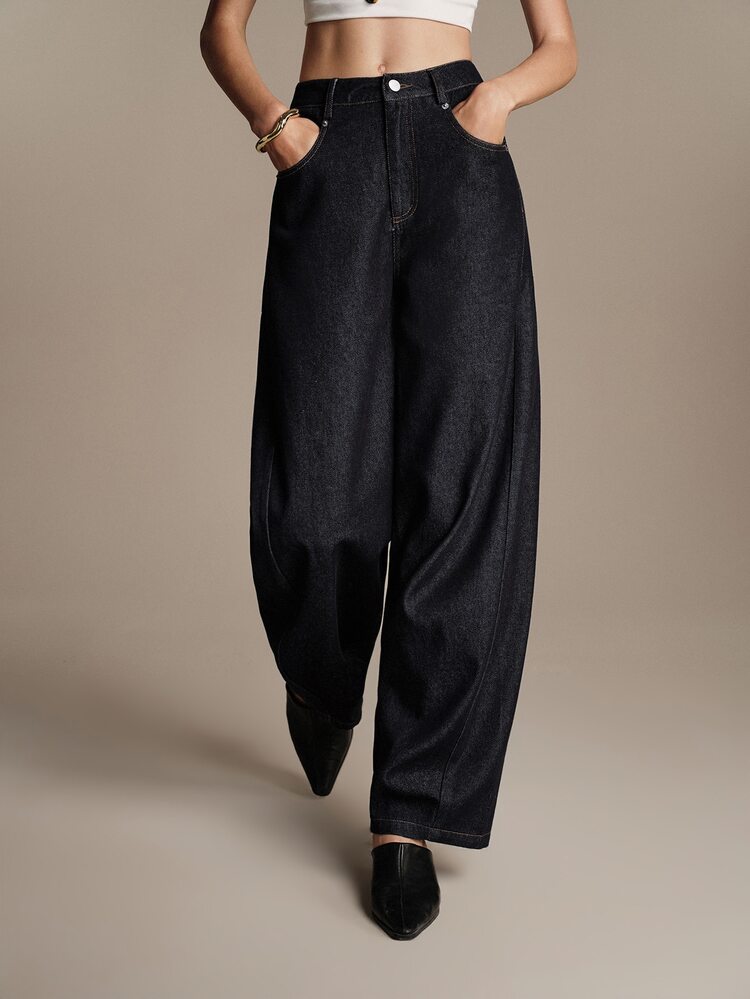 Anewsta Essential Maillard Fashion 原創丹寧水洗色百搭通勤辦公休閒結構設計曲腿女款牛仔褲 藍色 夏季 - 藏蓝色 - 查看 4