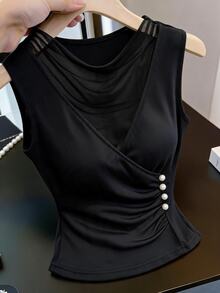 SHEIN Fiorisel Autumn/Winter Black Mesh Patchwork Knit Wrap Cross Neckline Ruched Design Fashion 2 In 1 Sleeveless Tank Top Mesh Fashion Beaded Decor Commute Top - Black - View 5