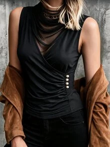SHEIN Fiorisel Autumn/Winter Black Mesh Patchwork Knit Wrap Cross Neckline Ruched Design Fashion 2 In 1 Sleeveless Tank Top Mesh Fashion Beaded Decor Commute Top - Black - View 2