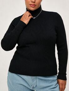EMERY ROSE Plus Size Women's Regular Fit Long Sleeve Mock Neck Pullover Sweater Formal Office Black Winter Básica Casual Elegant Smart - Black - View 4