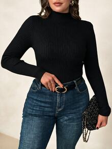 EMERY ROSE Plus Size Women's Regular Fit Long Sleeve Mock Neck Pullover Sweater Formal Office Black Winter Básica Casual Elegant Smart - Black - View 5
