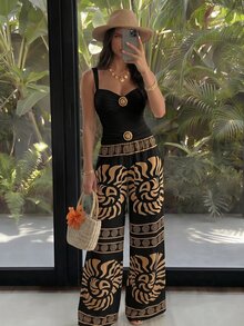 Bonvoyette 女款夏季兩件式泳衣套裝，抓皺一件式上衣、貝殼飾邊、隨機印花長褲，海灘度假適用 - 彩色 - 查看 7