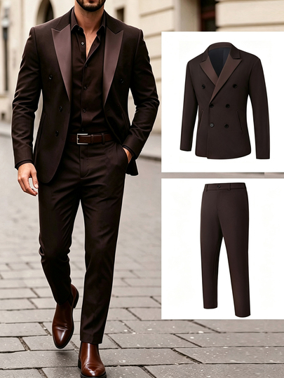 Manfinity Mode Men's Brown Peak Lapel Double-Breasted Slim Fit Business 2 Pieces Suit Set