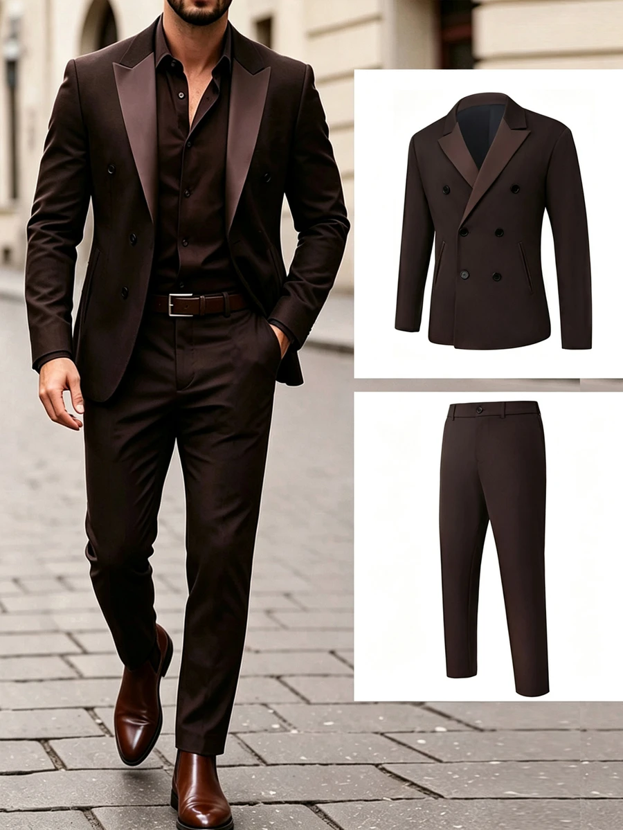 Manfinity Mode Men's Brown Peak Lapel Double-Breasted Slim Fit Business 2 Pieces Suit Set - Brown - View 1