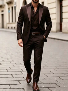 Manfinity Mode Men's Brown Peak Lapel Double-Breasted Slim Fit Business 2 Pieces Suit Set - Brown - View 5