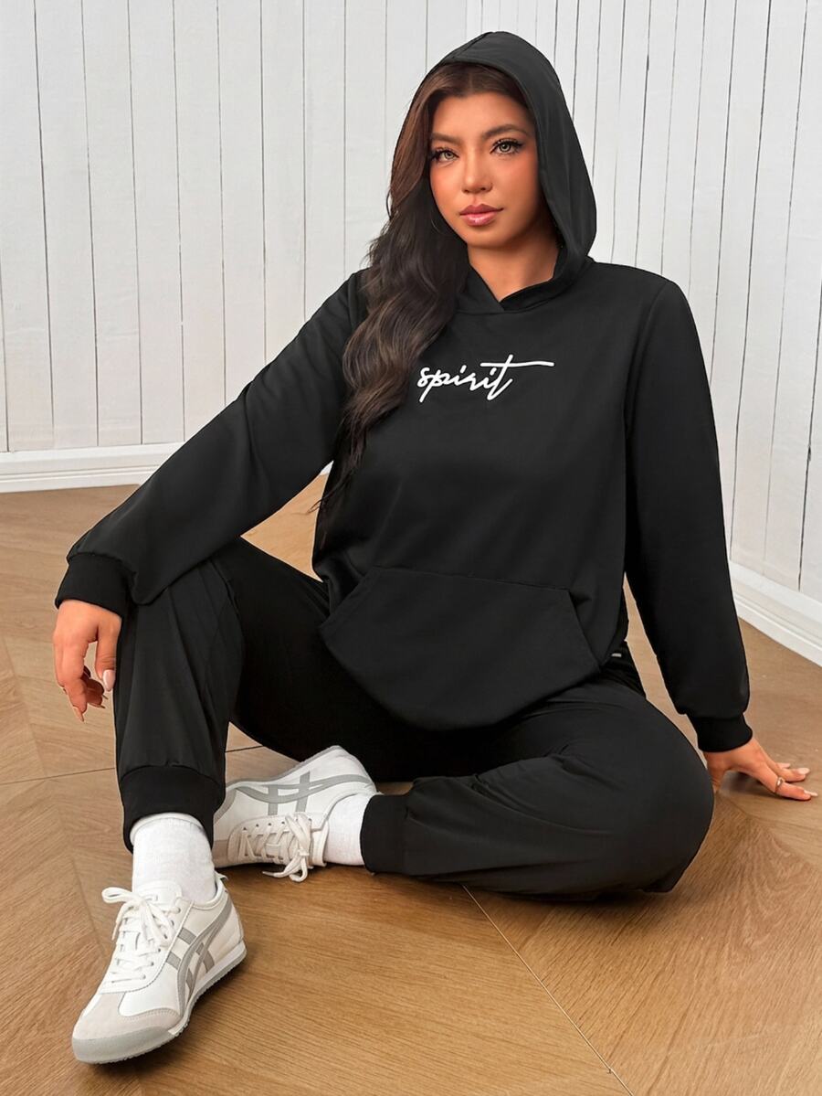 SHEIN EZwear Plus Size Letter Print Hoodie & Sweatpants Set Fall - Black - View 1