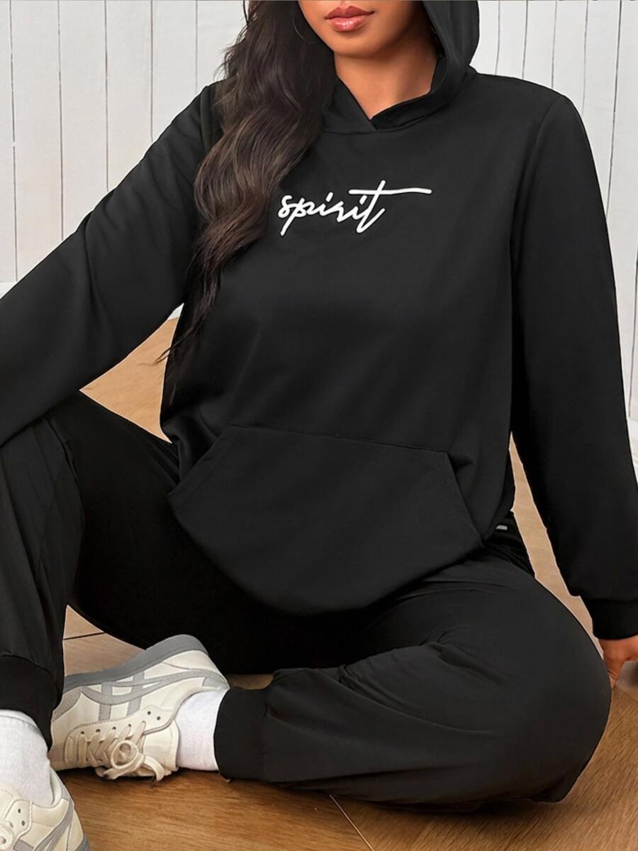 SHEIN EZwear Plus Size Letter Print Hoodie & Sweatpants Set - Black - View 1