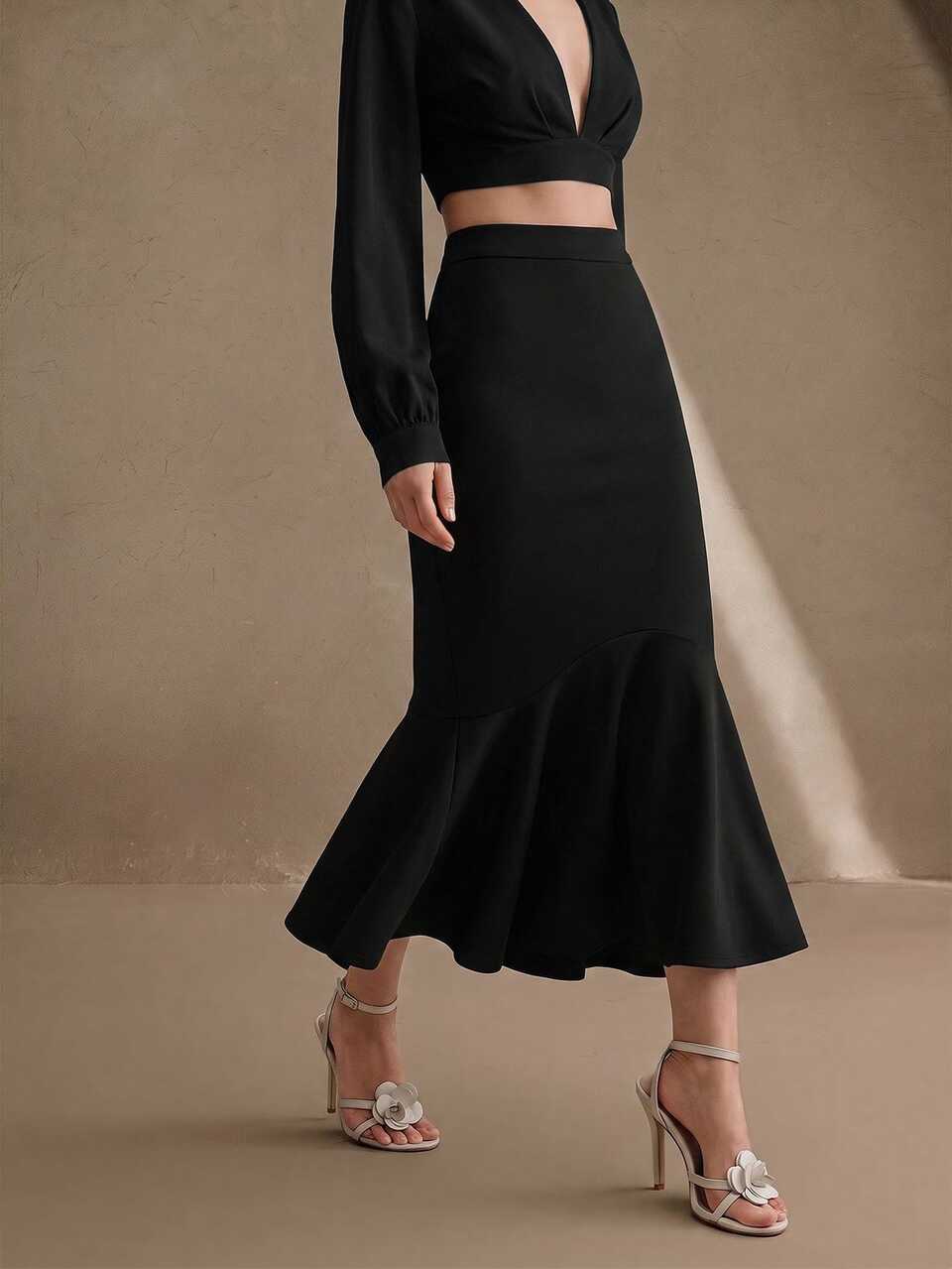 Anewsta Women's New Autumn/Winter Elegant Slimming Bodycon Hem Ruffle Fishtail Patchwork Skirt For Commute, Holiday, Party And Daily Wear