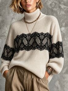 LUMIGAL Women's Lace Patchwork High Neck Casual Versatile Daily Wear Long Sleeve Sweater - Apricot - View 4