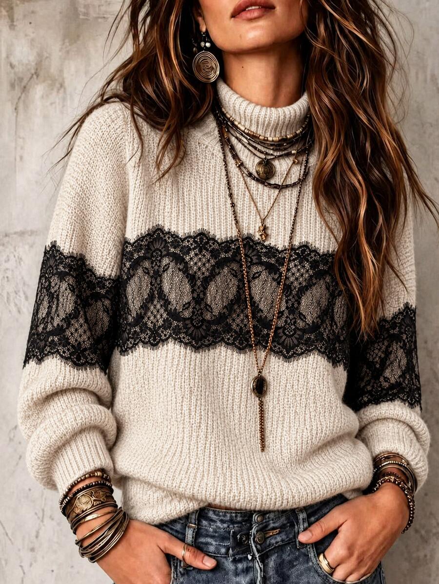 LUMIGAL Women's Lace Patchwork High Neck Casual Versatile Daily Wear Long Sleeve Sweater