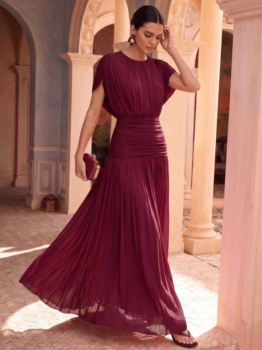 Gaun Panjang Bervolume Anewsta Musim Semi/Panas Terbaru, Warna Polos, Jala Elastis, Lembut, Halus, Leher Bulat, Desain Berkerut untuk Wanita - Burgundy - View 1