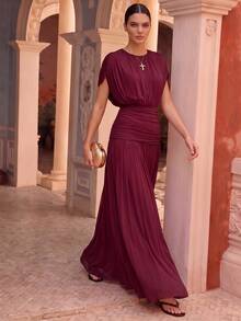 Gaun Panjang Bervolume Anewsta Musim Semi/Panas Terbaru, Warna Polos, Jala Elastis, Lembut, Halus, Leher Bulat, Desain Berkerut untuk Wanita - Burgundy - View 7