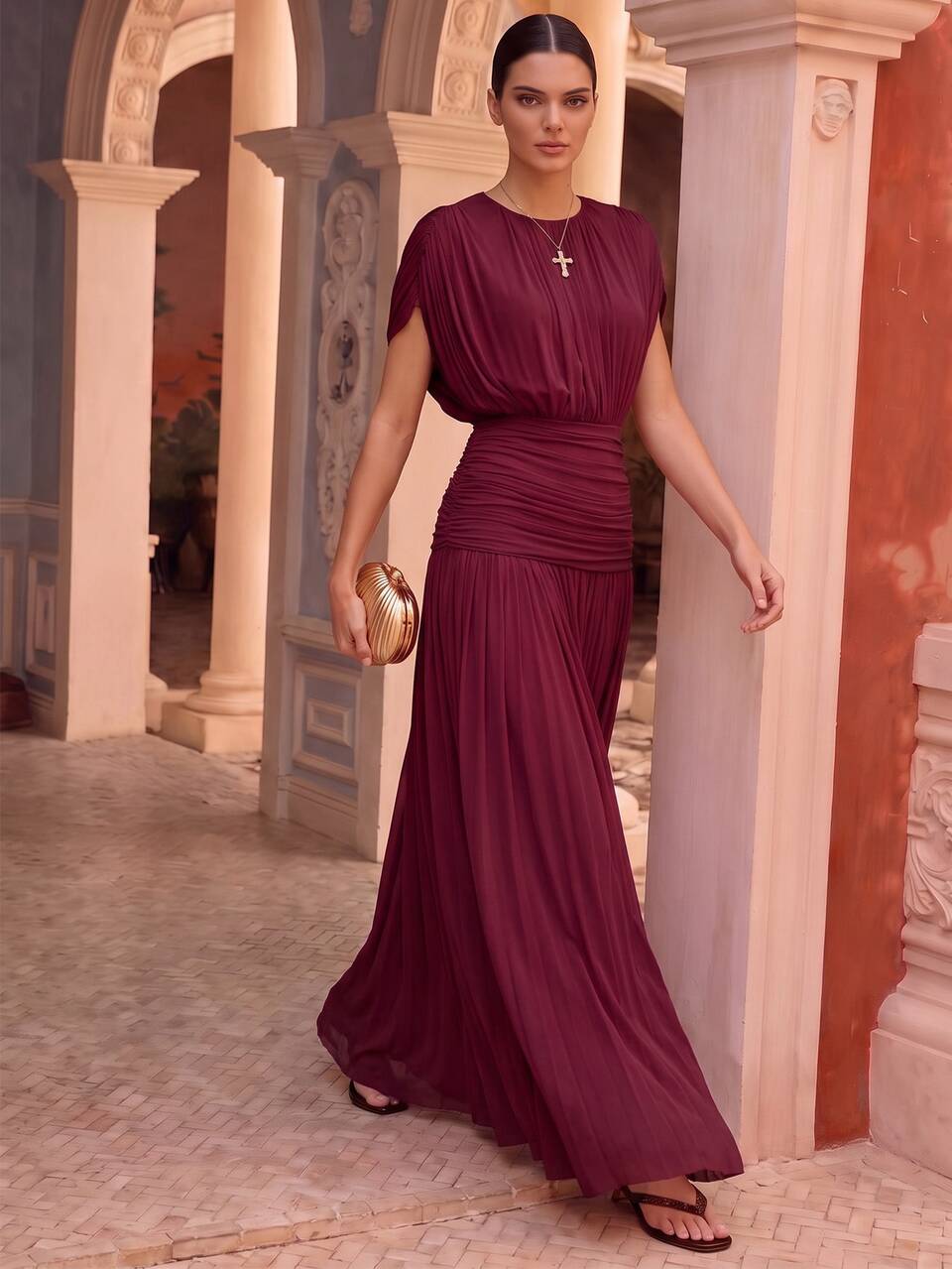 Anewsta Spring/Summer New Solid Color Elastic Mesh Soft Delicate Round Neck Gathered Design Voluminous Long Dress For Women