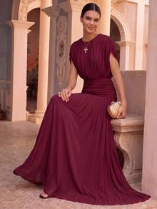 Gaun Panjang Bervolume Anewsta Musim Semi/Panas Terbaru, Warna Polos, Jala Elastis, Lembut, Halus, Leher Bulat, Desain Berkerut untuk Wanita - Burgundy - View 3