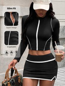 StreetHx Women's Colorblock Zipper Casual Daily Outdoor Sports Long Sleeve Jacket - Black - View 1