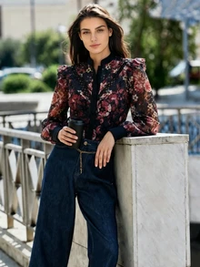 Anewsta Floral Print Ruffle Trim Lace Shirt - Black - View 6