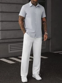 Manfinity CasualCool Men's Striped Short Sleeve Shirt And Long Pants Set - Blue - View 3