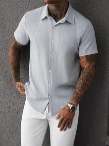 Manfinity CasualCool Men's Striped Short Sleeve Shirt And Long Pants Set - Blue - View 1
