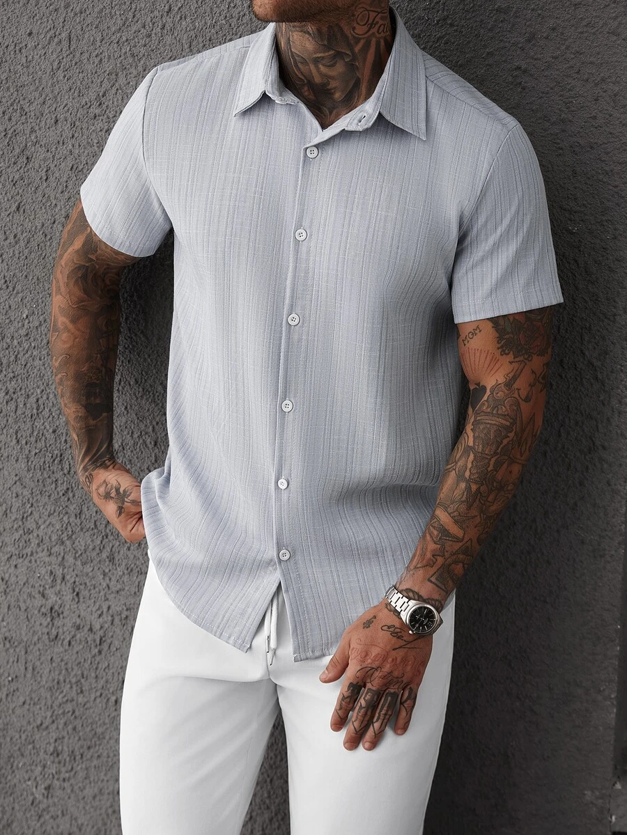 Manfinity CasualCool Men's Striped Short Sleeve Shirt And Long Pants Set - Blue - View 1