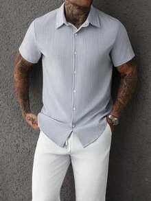 Manfinity CasualCool Men's Striped Short Sleeve Shirt And Long Pants Set - Blue - View 6