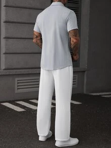 Manfinity CasualCool Men's Striped Short Sleeve Shirt And Long Pants Set - Blue - View 2
