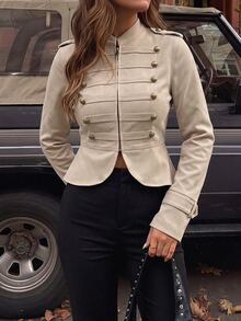 SHEIN PETITE Stylish Khaki Napoleon-Style Coat With Metal Buttons For Petite Women-Perfect For Commuting. - Khaki - View 6