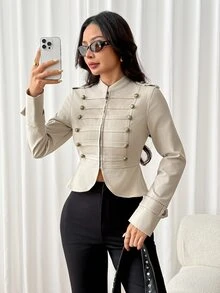 SHEIN PETITE Stylish Khaki Napoleon-Style Coat With Metal Buttons For Petite Women-Perfect For Commuting. - Khaki - View 9